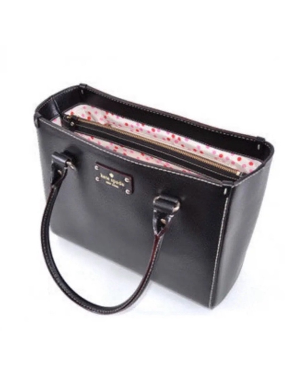 Kate Spade Black Leather Tote with white and pink dot Lining